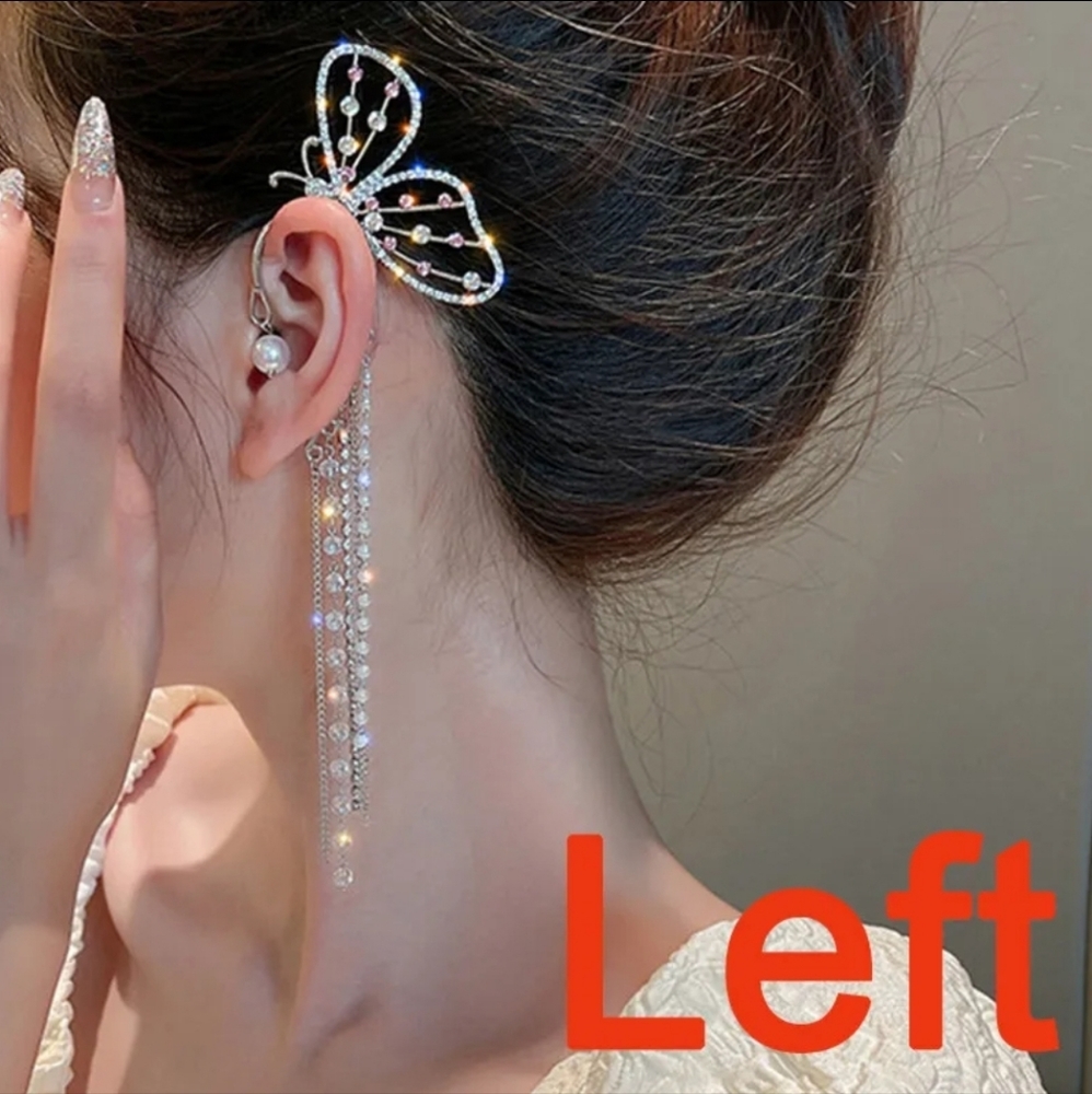 🦋 Silver Plated Butterfly Crystal Pearl Tassel Ear Clip Cuff (Left Ear) - Picture 5 of 6